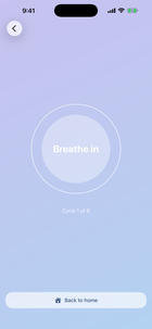 The guided breathing screen: a pacer circle in the middle of a soft blue gradient, reading Breathe in, with Cycle 1 of 6 below it.